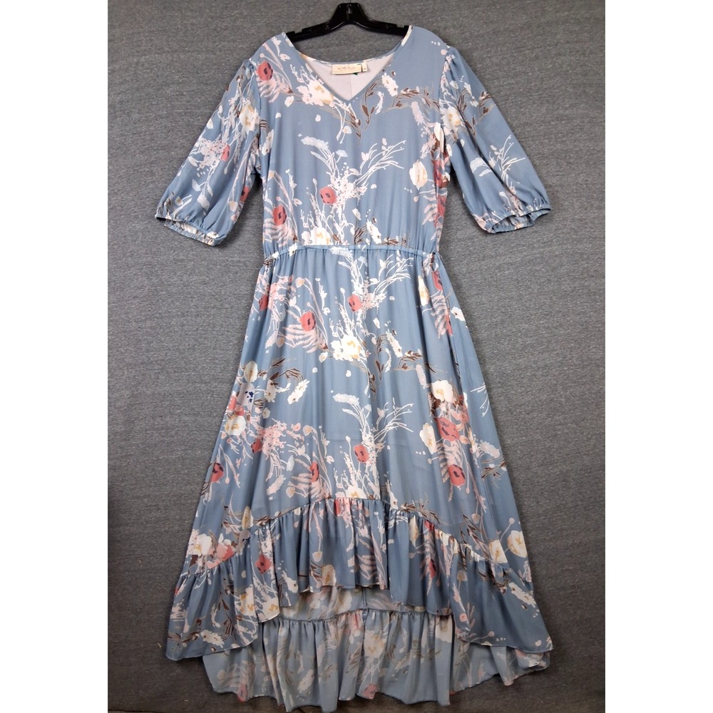 La Bellum Womens Dress L Blue Floral Botanical High Low Hem Feminine Romantic